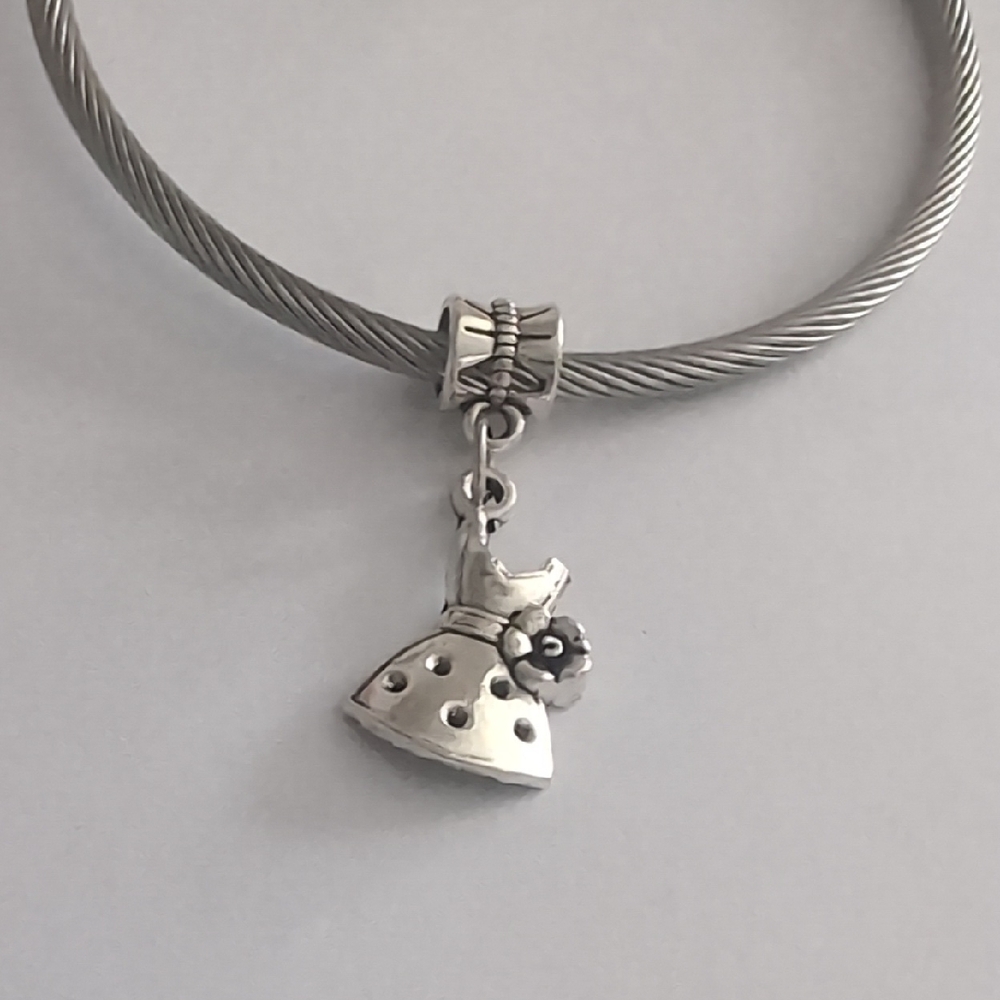Elegant Silver Polka Dot Flower Dress‎ Dangle Charm for Pandora Style Bracelet